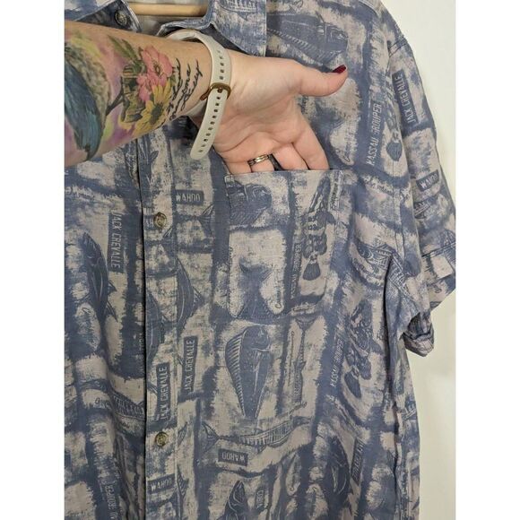 Eddie Bauer Linen Blend Fish Print Short Sleeve Button-Down Shirt - Size XL - Picture 3 of 7